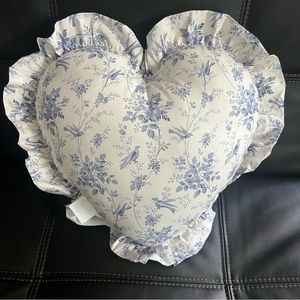 NWT Blue Floral Heart Shaped Pillow with Ruffles Shabby Chic